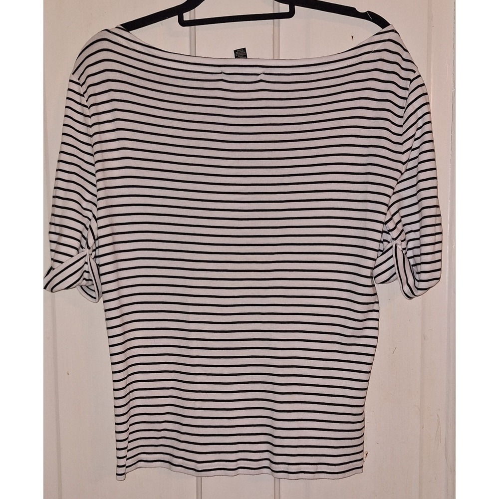 Lauren Ralph Lauren Striped Boat Neck‎ Top Black White Cotton XL Short Sleeve - Picture 2 of 4